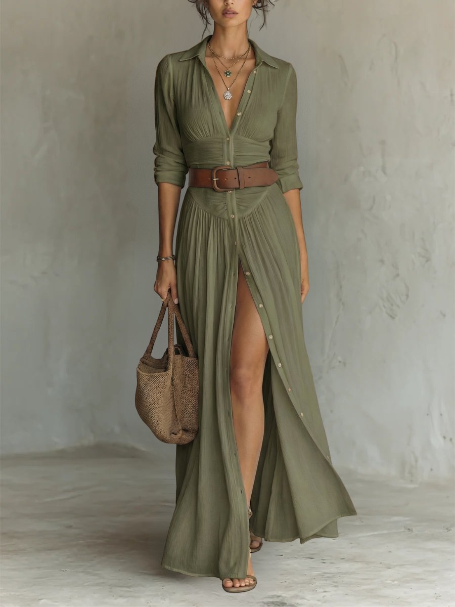 Women's Button-Front Belted Maxi Shirt Dress - Green