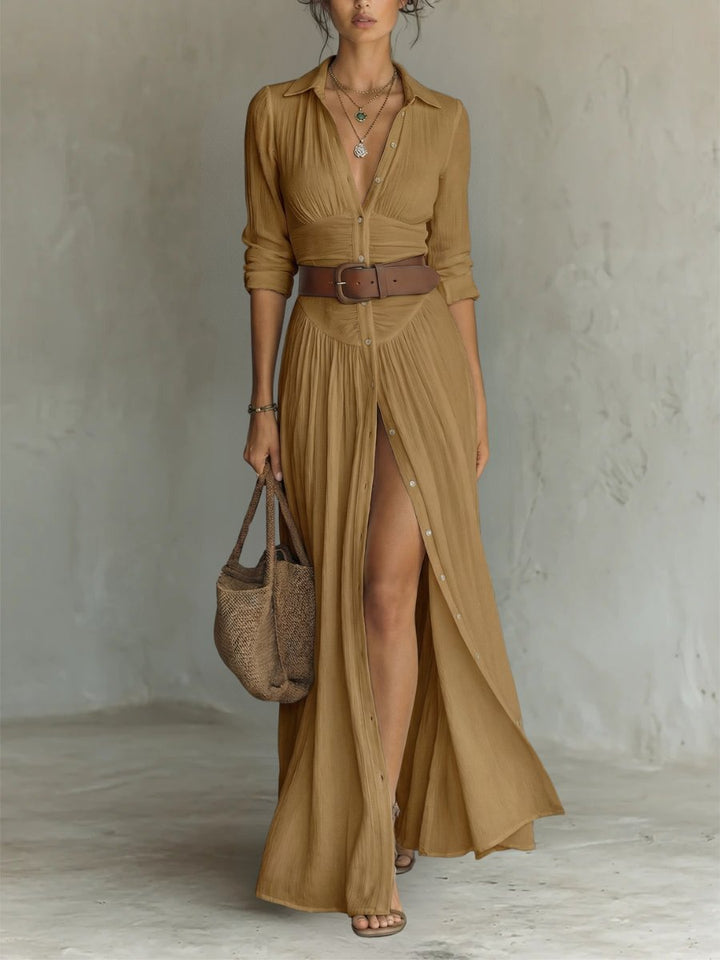 Women's Button-Front Belted Maxi Shirt Dress - Brown