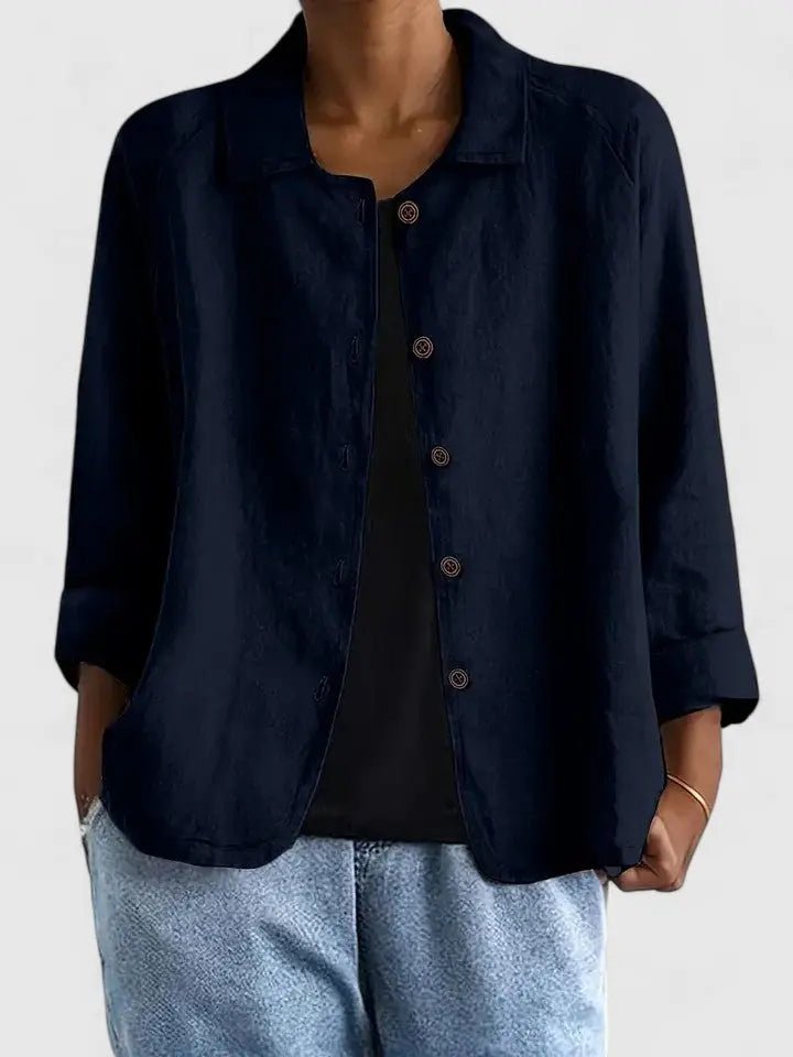 Women's Button-Front Long-Sleeve Cotton Blazer - Navy Blue
