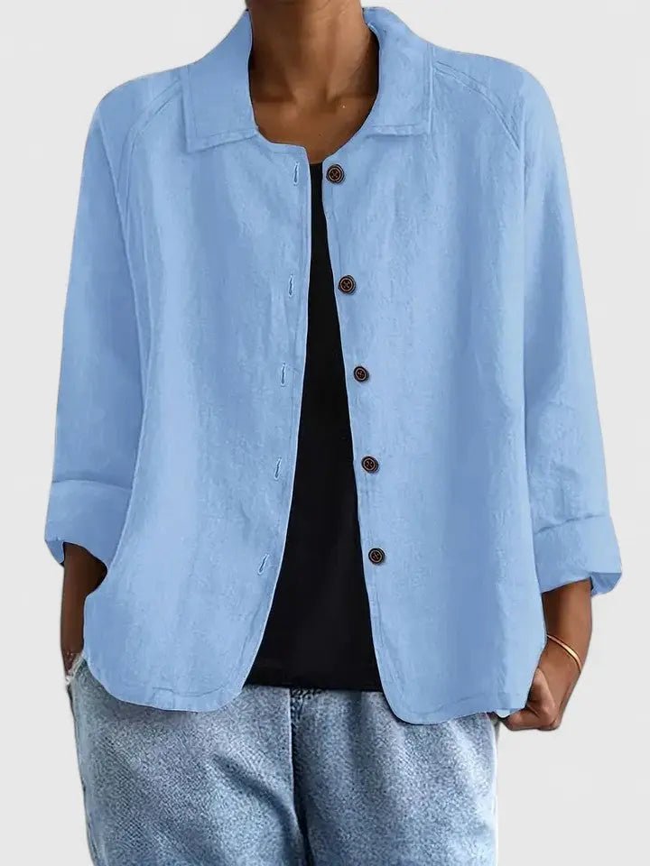 Women's Button-Front Long-Sleeve Cotton Blazer - Light Blue