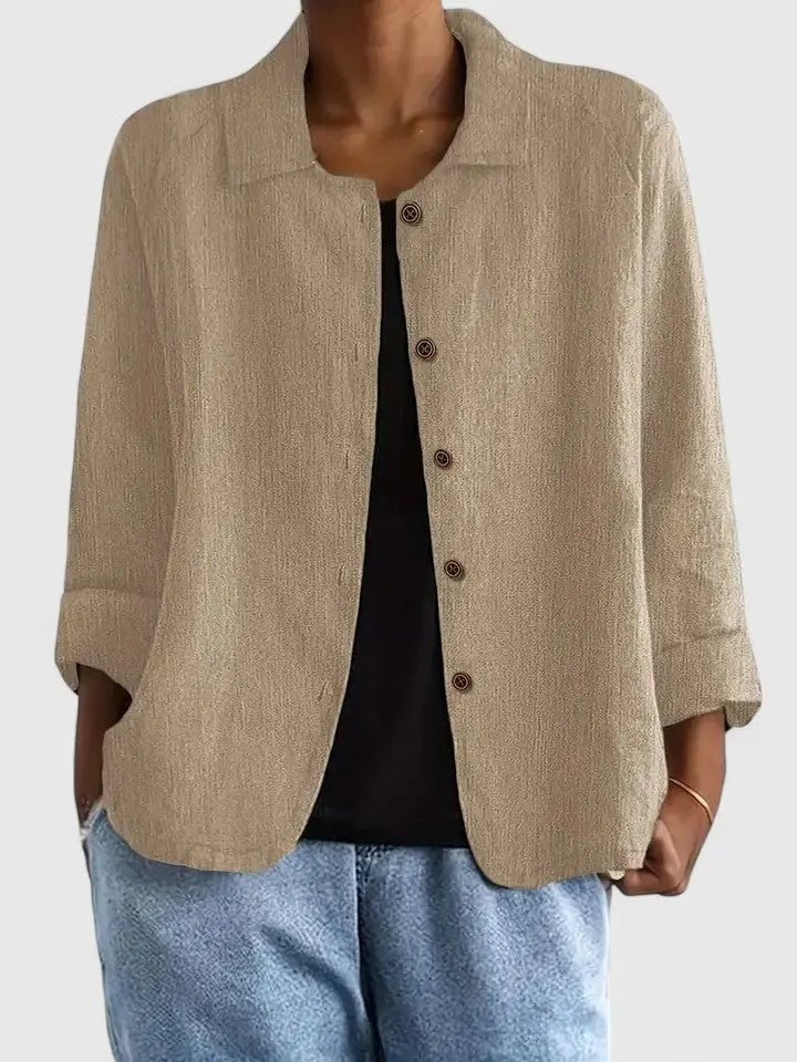 Women's Button-Front Long-Sleeve Cotton Blazer - Khaki