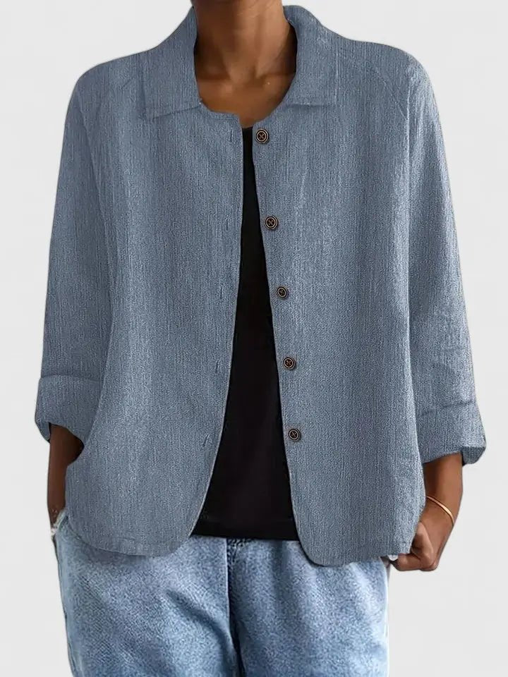 Women's Button-Front Long-Sleeve Cotton Blazer - Blue Gray