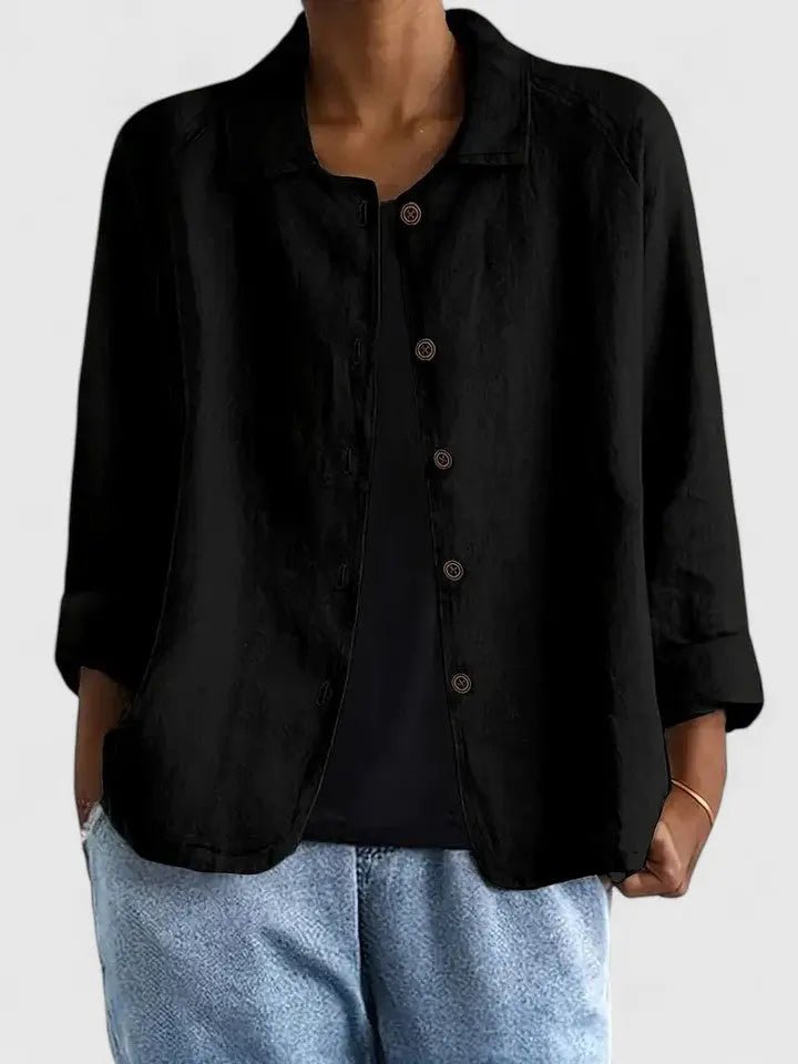 Women's Button-Front Long-Sleeve Cotton Blazer - Black