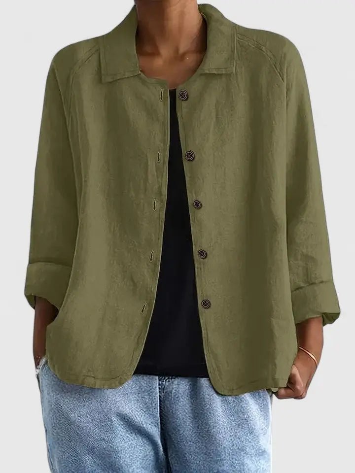 Women's Button-Front Long-Sleeve Cotton Blazer - Olive