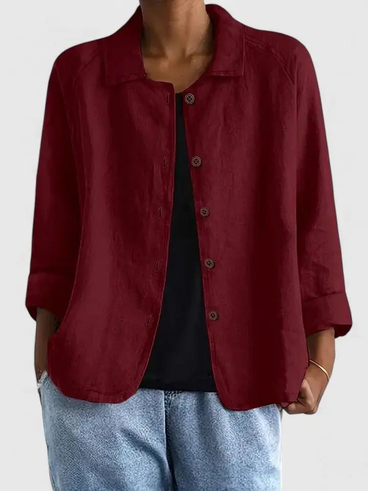 Women's Button-Front Long-Sleeve Cotton Blazer - Red