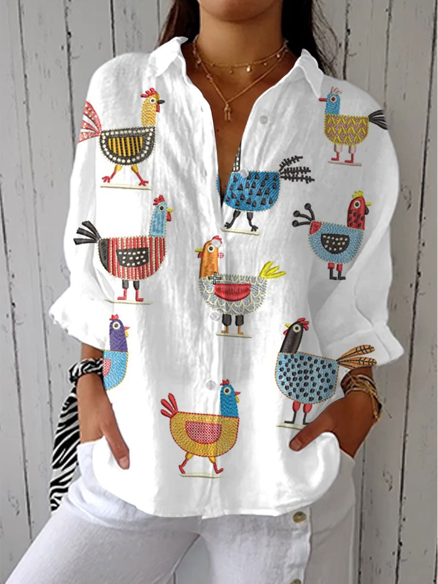 Women's Button-Front Relaxed-Fit Hen Print Blouse - Multicolor