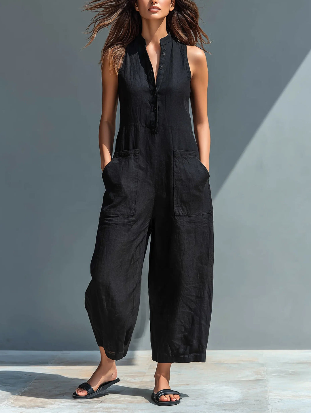 Women's Button-Up Sleeveless Linen Blend Jumpsuit - Black