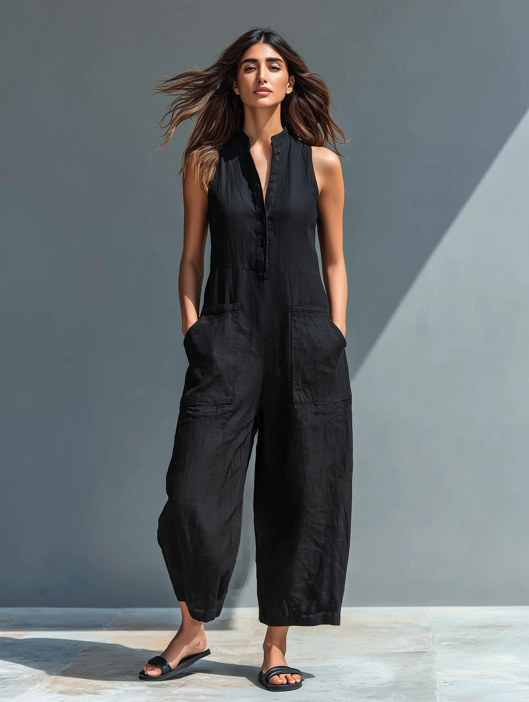 Women's Button-Up Sleeveless Linen Blend Jumpsuit