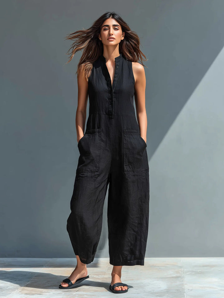 Women's Button-Up Sleeveless Linen Blend Jumpsuit