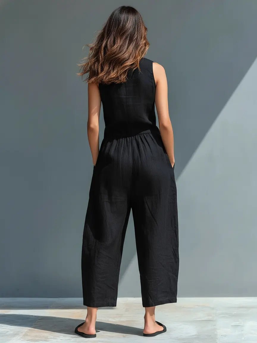 Women's Button-Up Sleeveless Linen Blend Jumpsuit