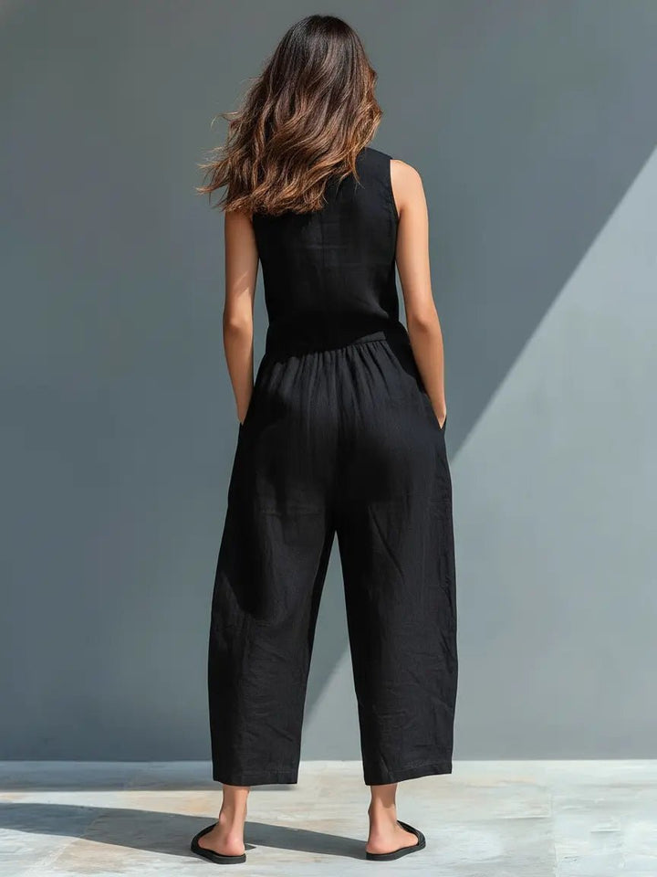 Women's Button-Up Sleeveless Linen Blend Jumpsuit