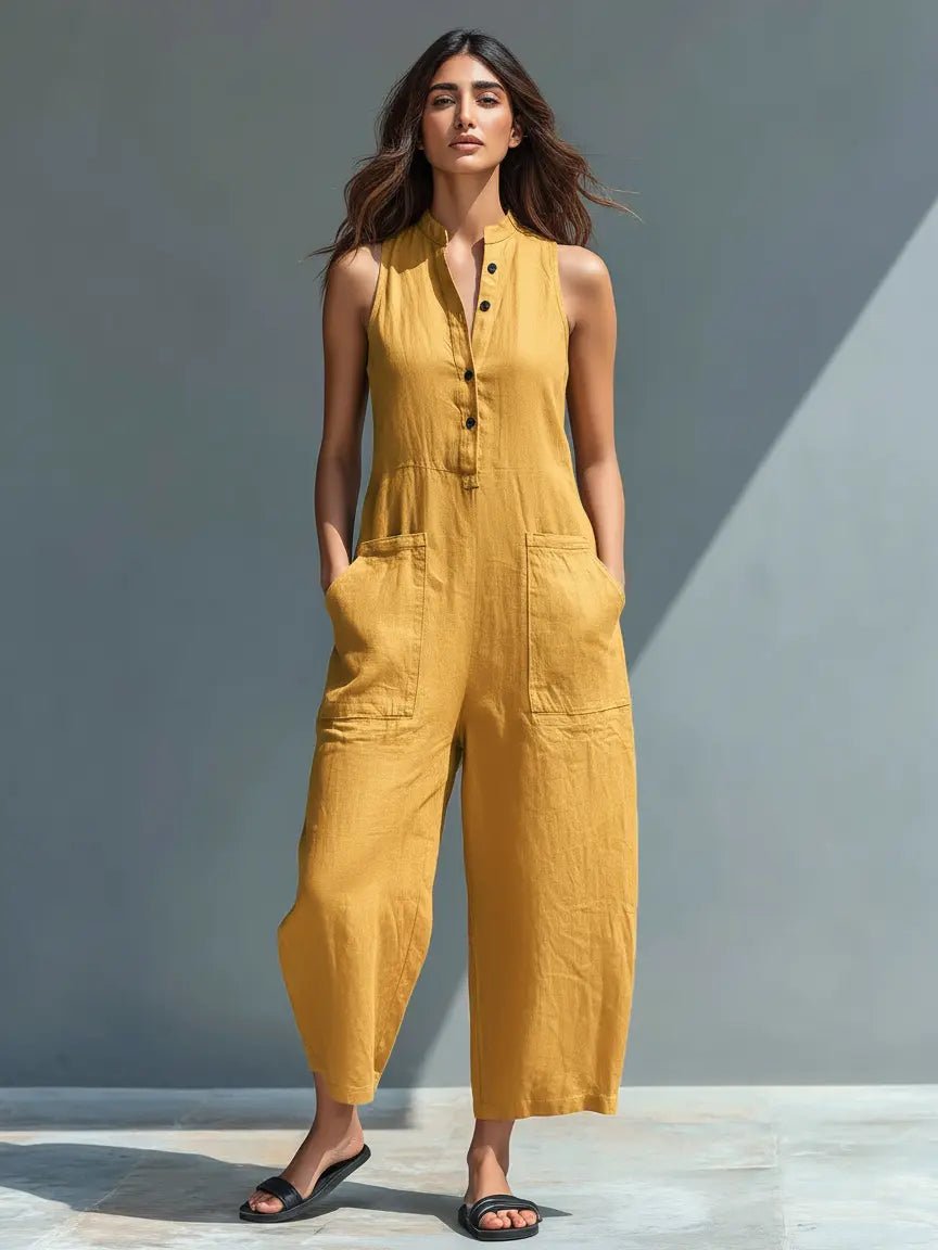 Women's Button-Up Sleeveless Linen Blend Jumpsuit - Yellow