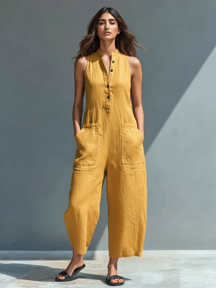 Women's Button-Up Sleeveless Linen Blend Jumpsuit - Yellow