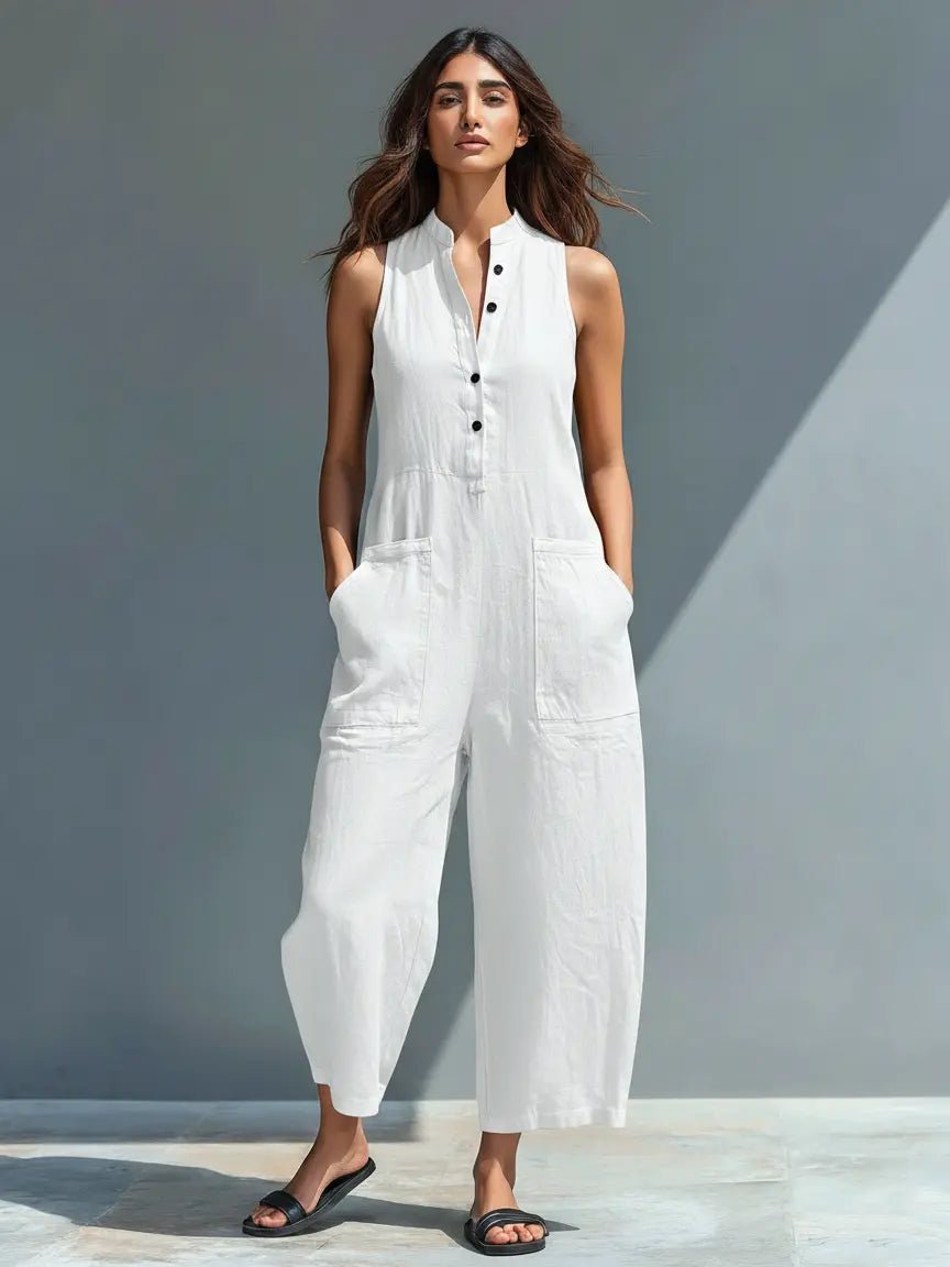 Women's Button-Up Sleeveless Linen Blend Jumpsuit - White