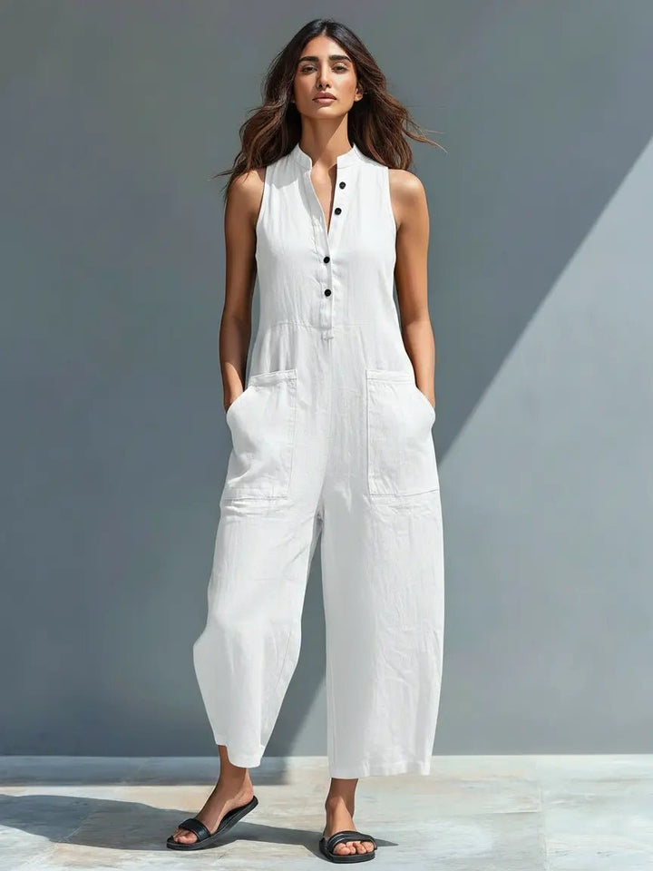 Women's Button-Up Sleeveless Linen Blend Jumpsuit - White