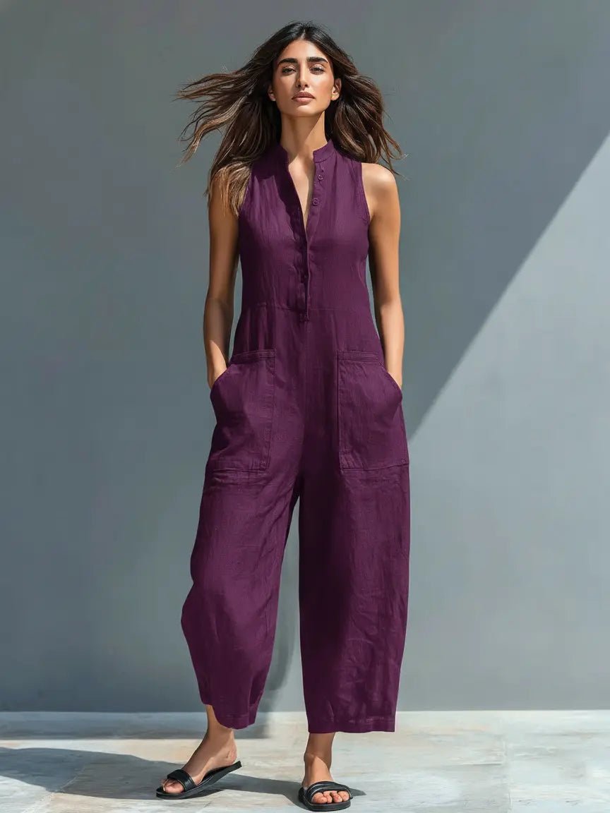 Women's Button-Up Sleeveless Linen Blend Jumpsuit - Purple