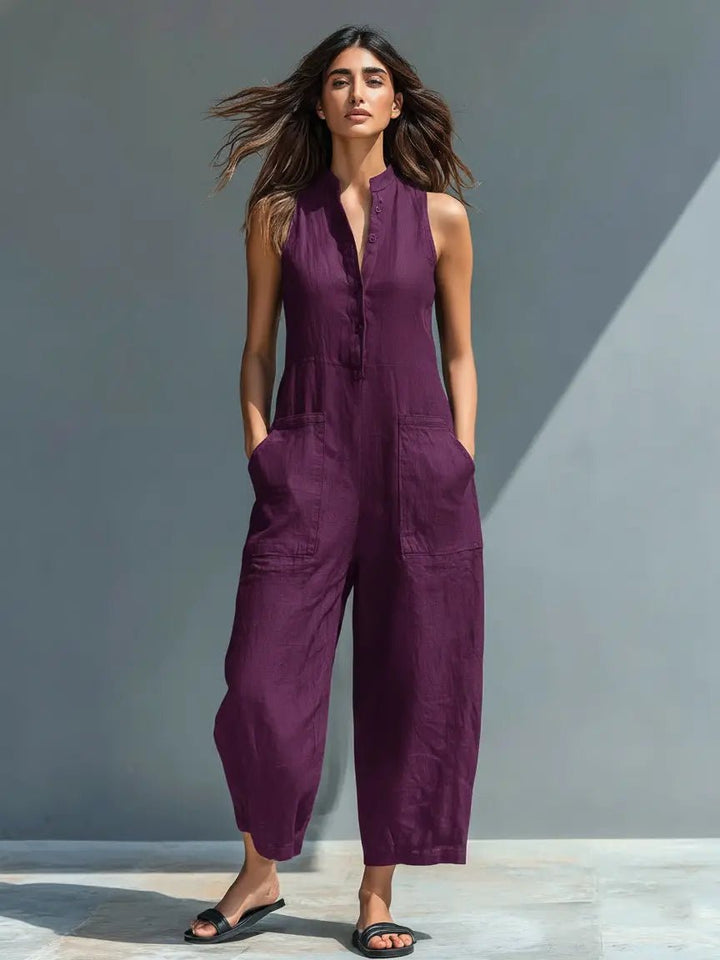 Women's Button-Up Sleeveless Linen Blend Jumpsuit - Purple