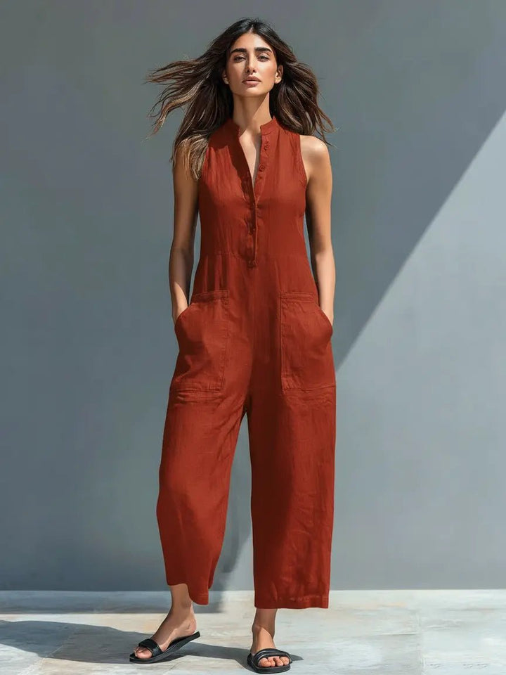 Women's Button-Up Sleeveless Linen Blend Jumpsuit - Rust Red