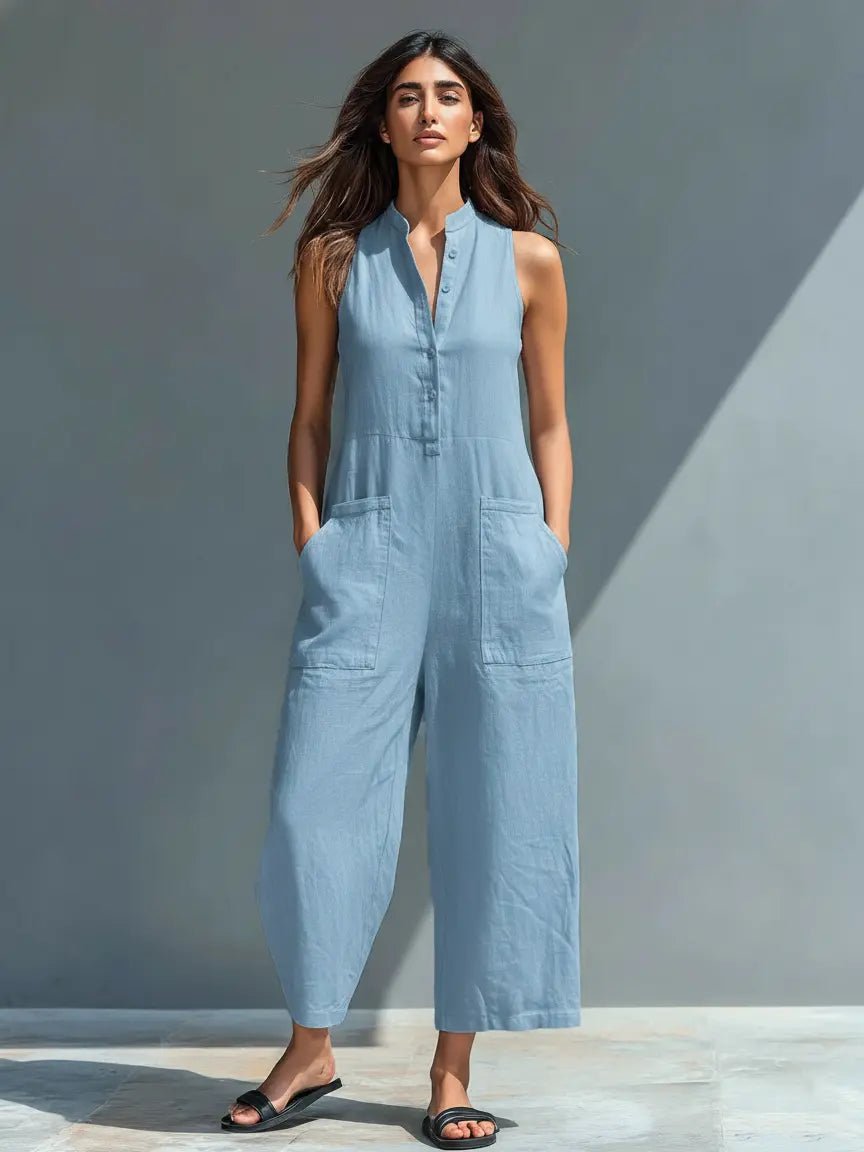 Women's Button-Up Sleeveless Linen Blend Jumpsuit - Blue