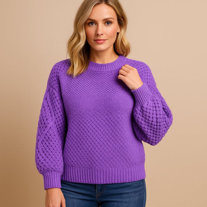 Women's Cable-Knit Long Sleeve Crew Neck Sweater - Violet
