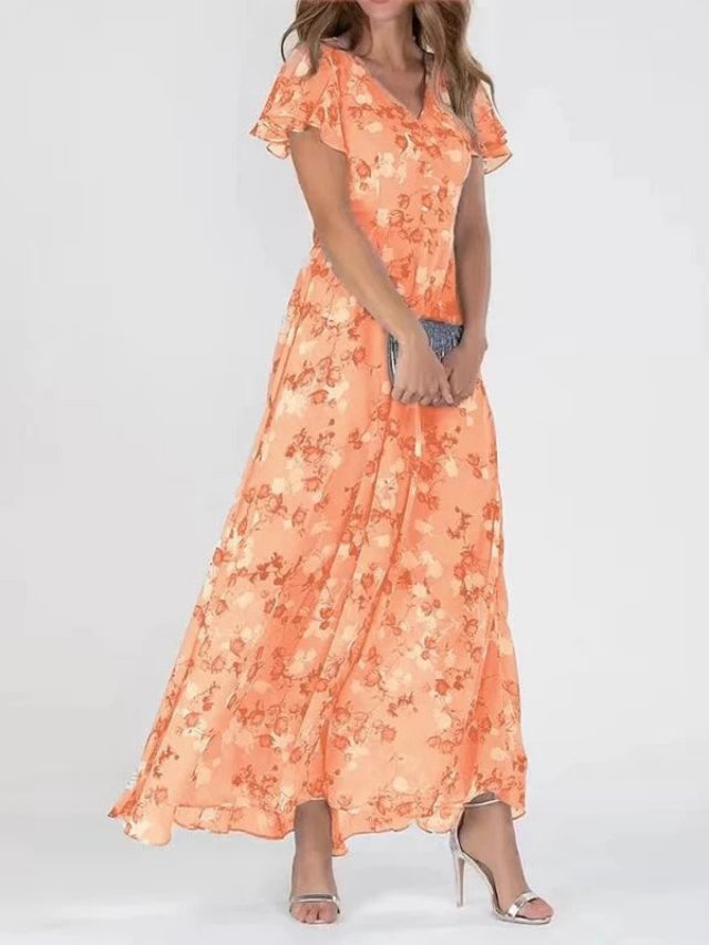 Women's Chiffon Floral Flutter Sleeve V-Neck Maxi Dress - Orange