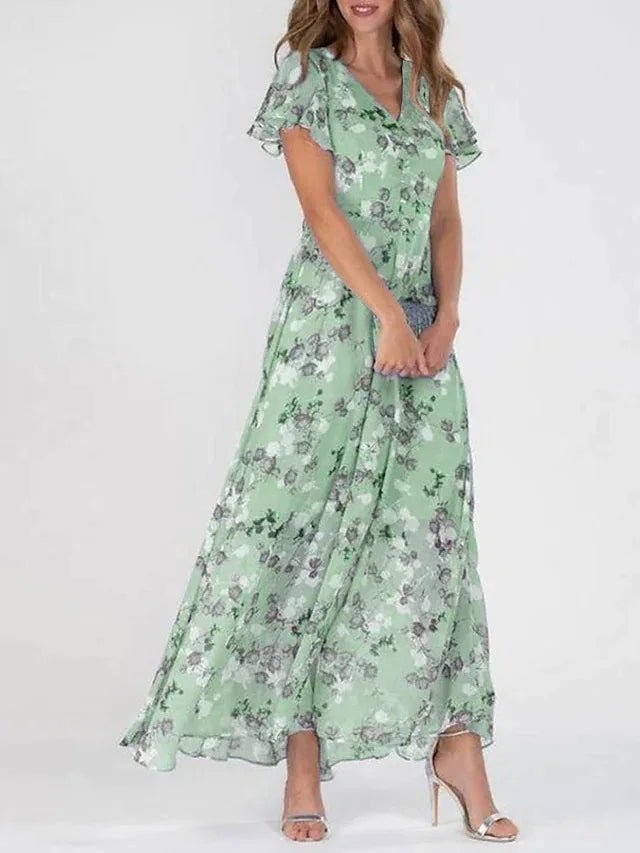Women's Chiffon Floral Flutter Sleeve V-Neck Maxi Dress - Light Green