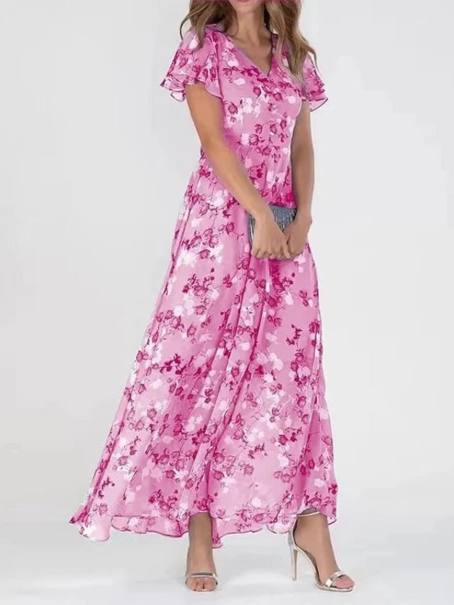 Women's Chiffon Floral Flutter Sleeve V-Neck Maxi Dress - Dark Pink