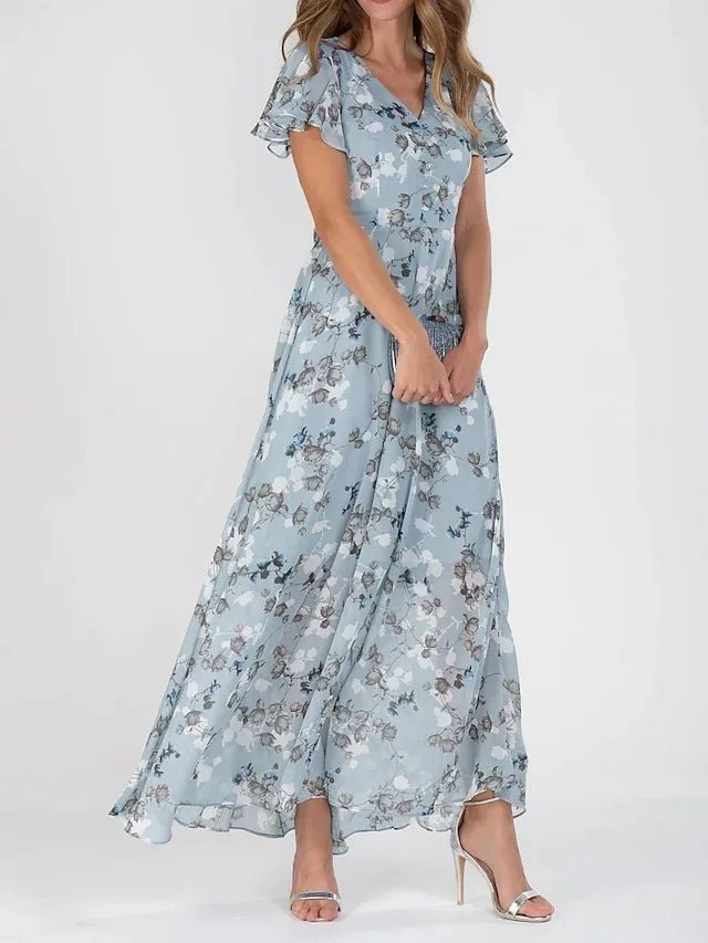 Women's Chiffon Floral Flutter Sleeve V-Neck Maxi Dress - Light Blue