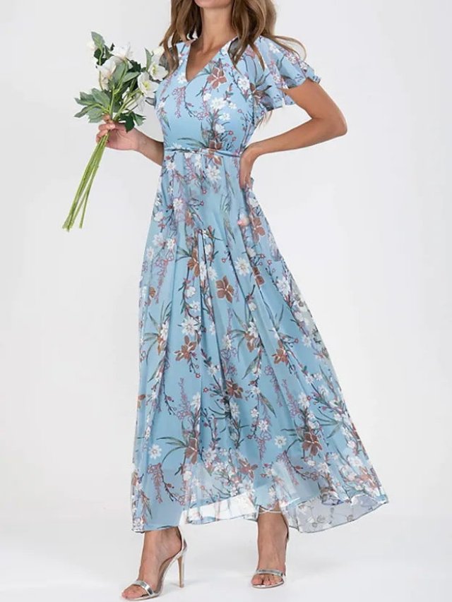 Women's Chiffon Floral Flutter Sleeve V-Neck Maxi Dress - Light Blue 2