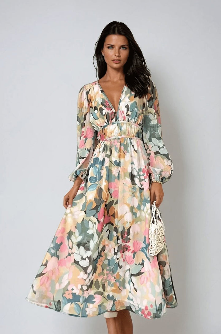 Women's Chiffon Floral Puff Sleeve V-Neck Midi Dress