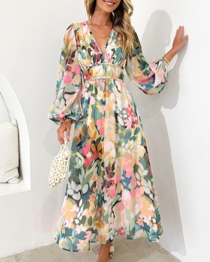 Women's Chiffon Floral Puff Sleeve V-Neck Midi Dress