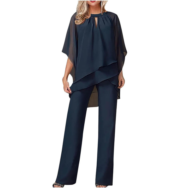 Women's Chiffon Overlay Batwing Sleeve Wide-Leg Pantsuit - Navy Blue