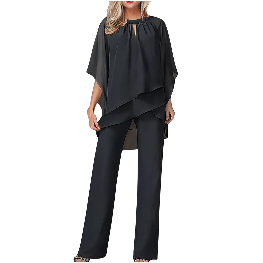 Women's Chiffon Overlay Batwing Sleeve Wide-Leg Pantsuit - Black