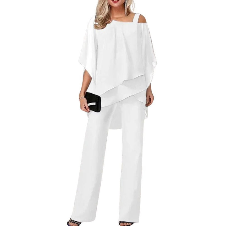 Women's Chiffon Overlay Batwing Sleeve Wide-Leg Pantsuit - White