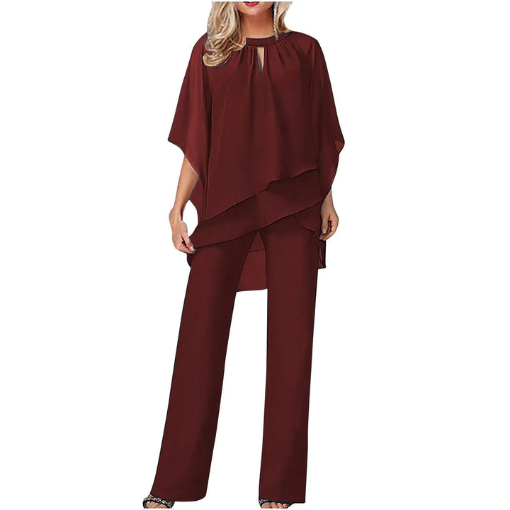 Women's Chiffon Overlay Batwing Sleeve Wide-Leg Pantsuit - Burgundy