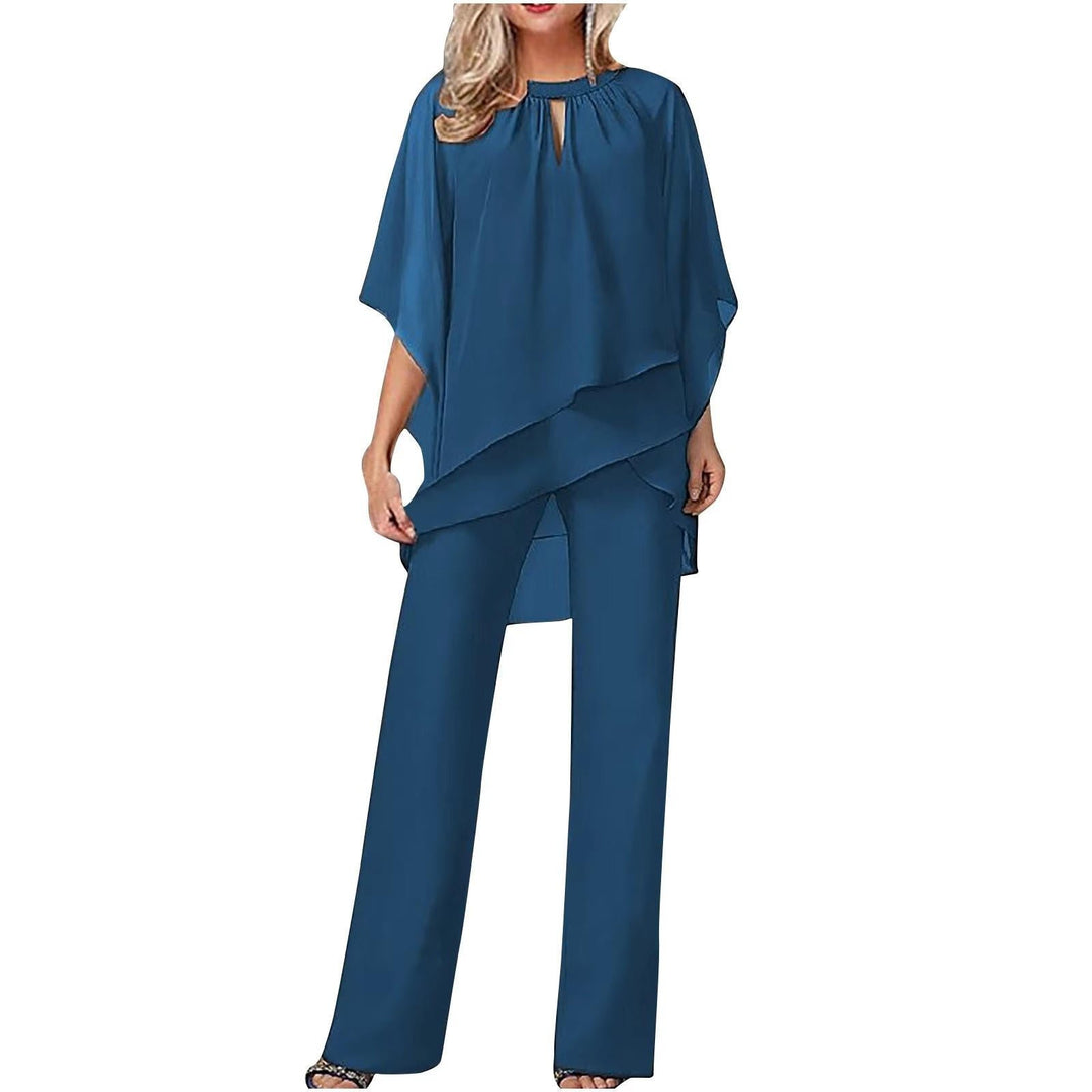 Women's Chiffon Overlay Batwing Sleeve Wide-Leg Pantsuit - Royal Blue