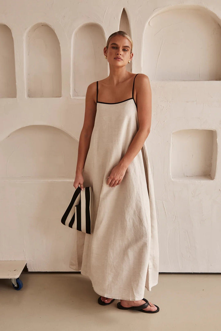 Women's Contrast-Trim Adjustable-Strap Linen Maxi Dress