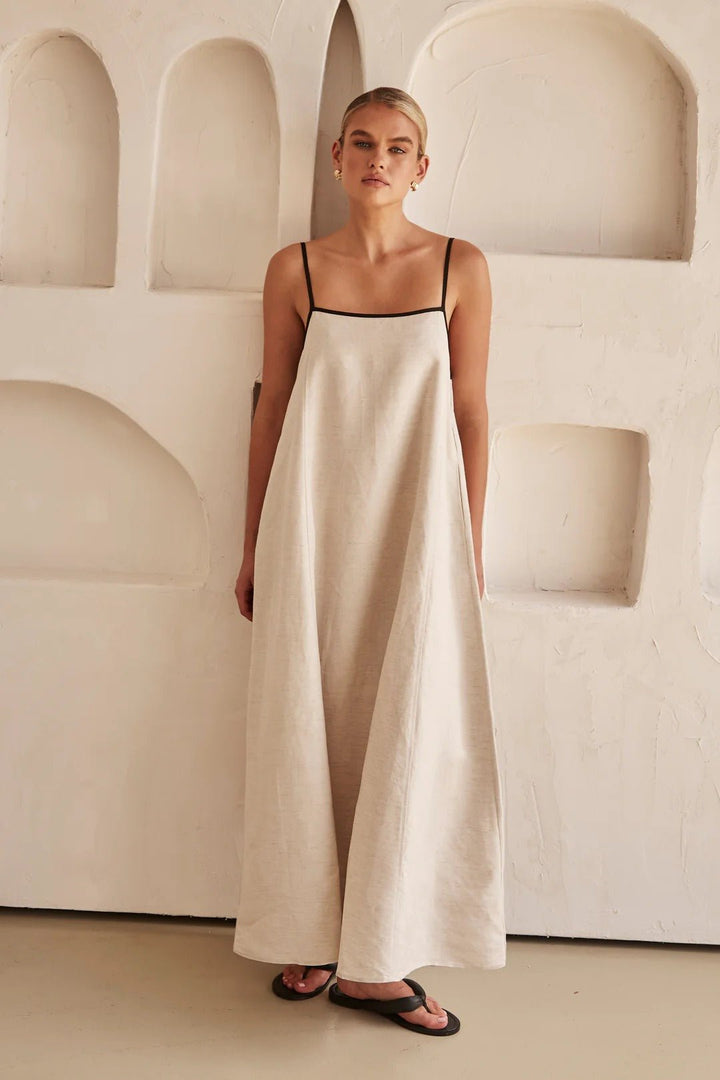 Women's Contrast-Trim Adjustable-Strap Linen Maxi Dress - Cream