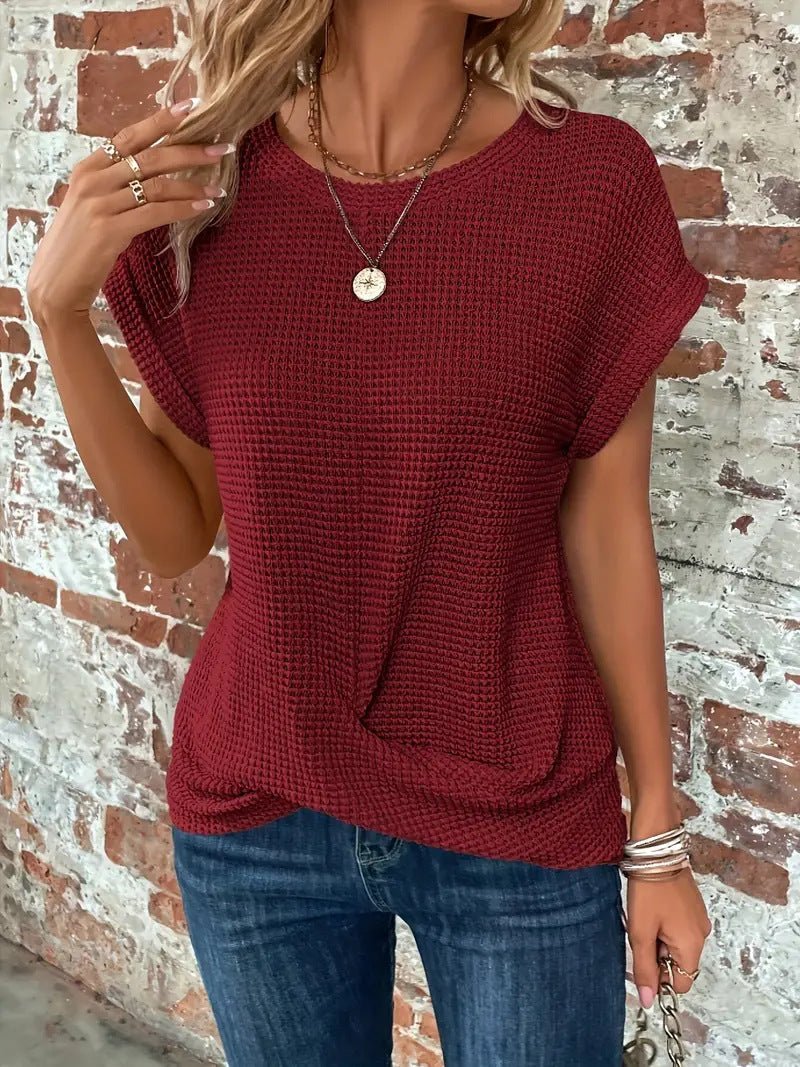 Women's Cotton-Blend Waffle Knit Short Sleeve Top - Burgundy