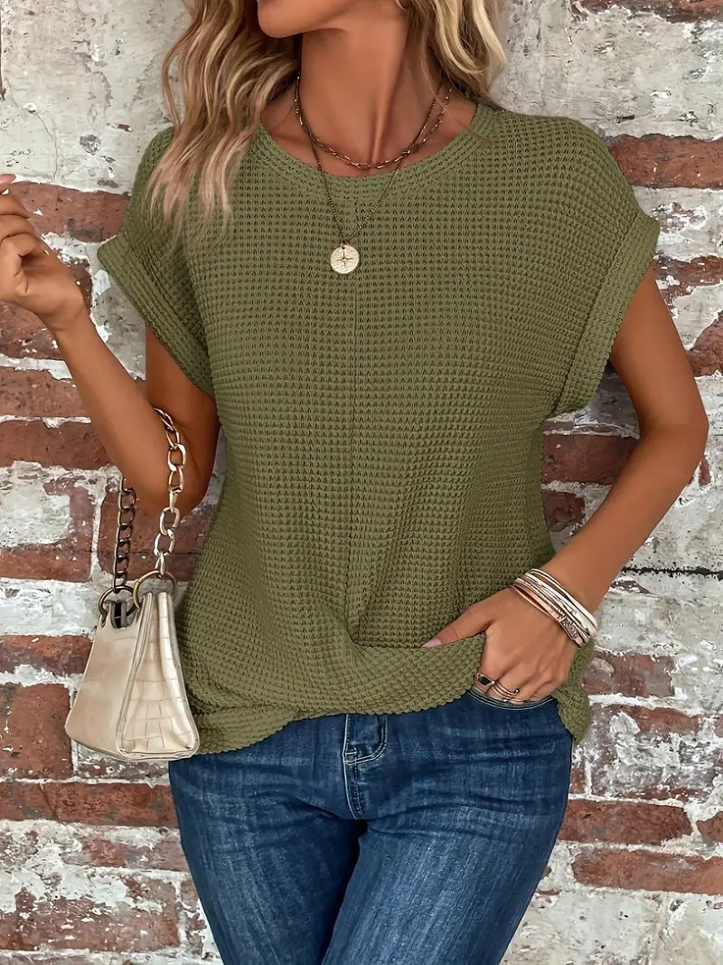 Women's Cotton-Blend Waffle Knit Short Sleeve Top - Olive Green