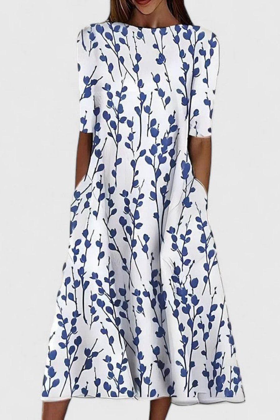Women's Cotton Botanical Print Round-Neck Midi Dress with Pockets - White