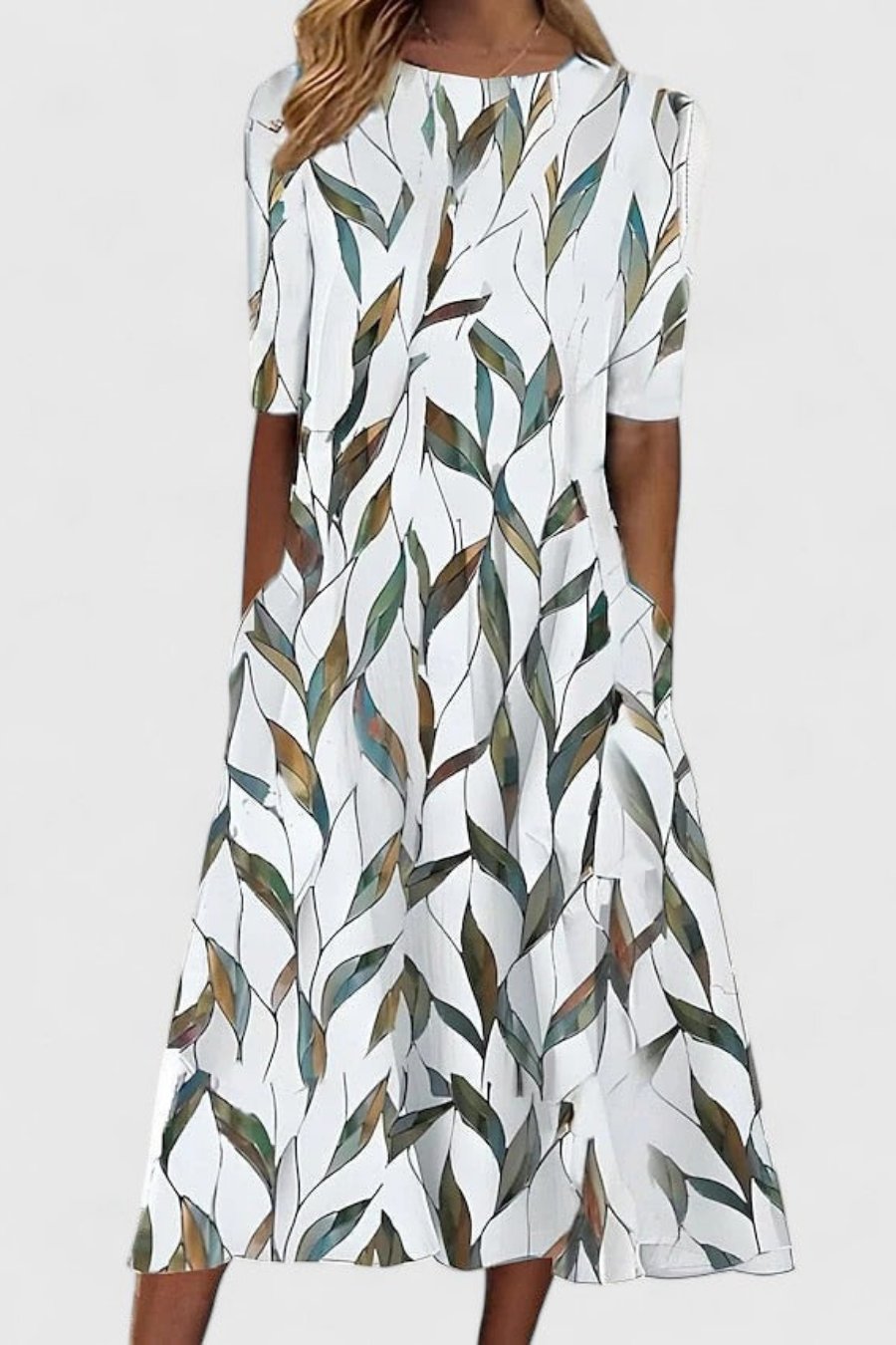 Women's Cotton Botanical Print Round-Neck Midi Dress with Pockets - White 2