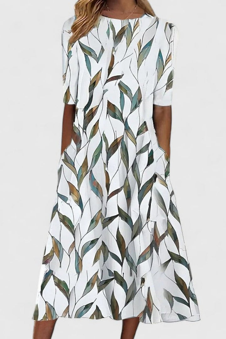 Women's Cotton Botanical Print Round-Neck Midi Dress with Pockets - White 2