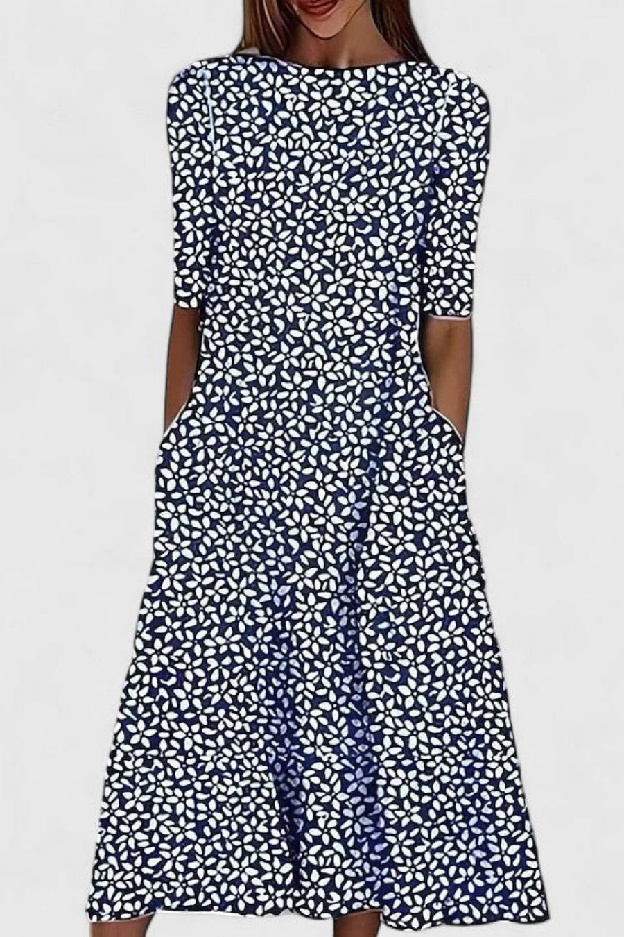Women's Cotton Botanical Print Round-Neck Midi Dress with Pockets - Dark Blue