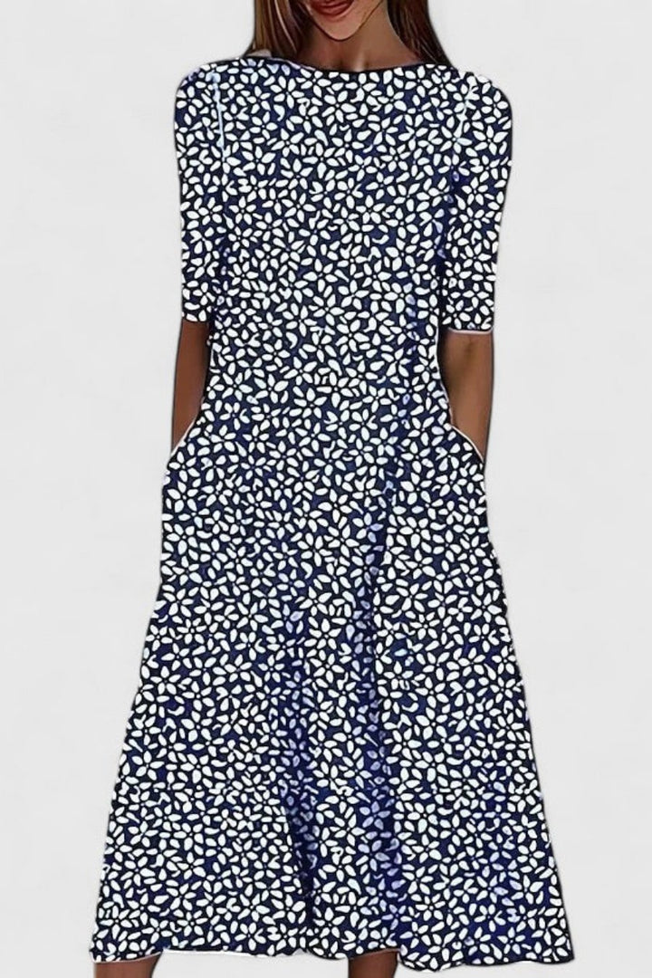 Women's Cotton Botanical Print Round-Neck Midi Dress with Pockets - Dark Blue