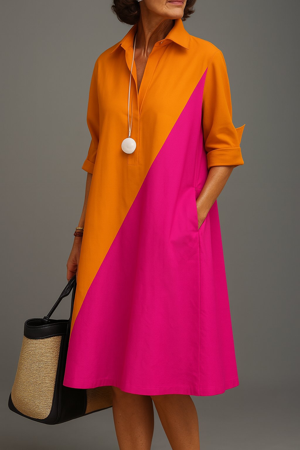 Women's Cotton Diagonal Colorblock Collared Midi Dress