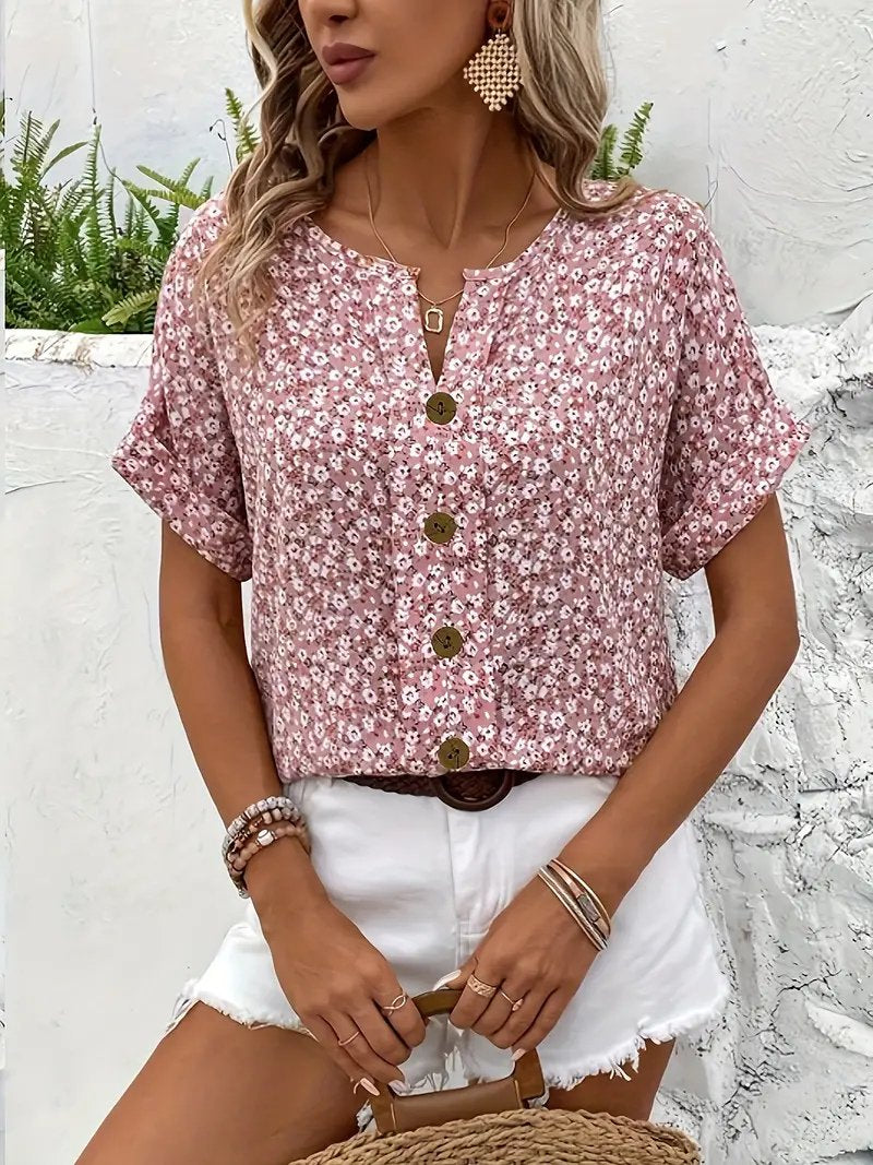 Women's Cotton Ditsy Floral Short-Sleeve Button-Front Blouse