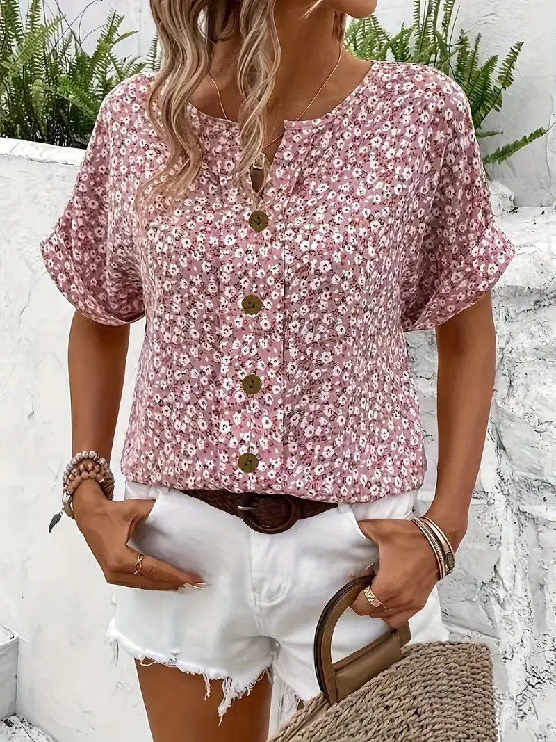 Women's Cotton Ditsy Floral Short-Sleeve Button-Front Blouse
