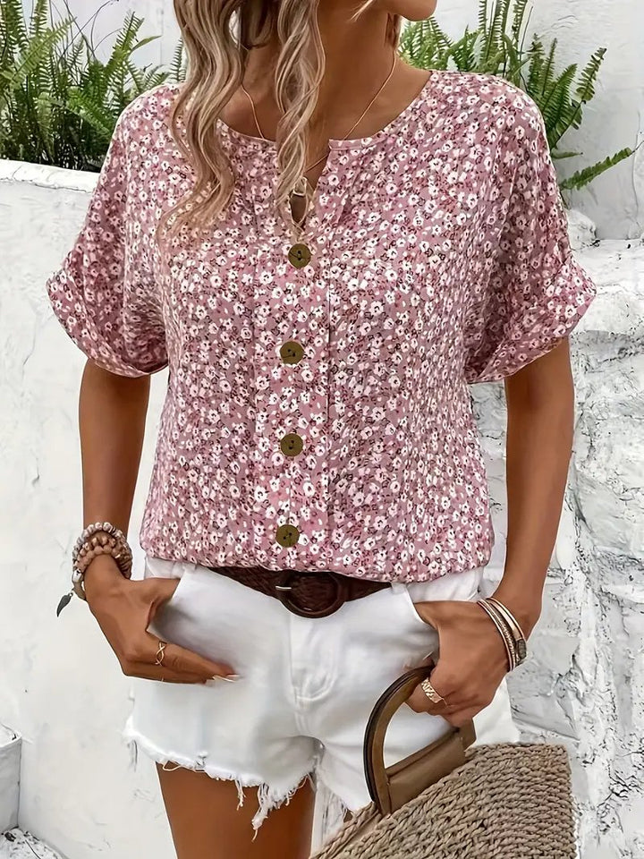 Women's Cotton Ditsy Floral Short-Sleeve Button-Front Blouse