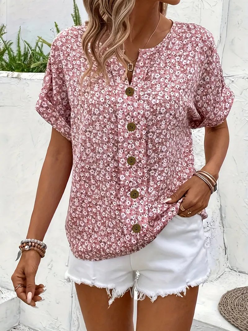 Women's Cotton Ditsy Floral Short-Sleeve Button-Front Blouse